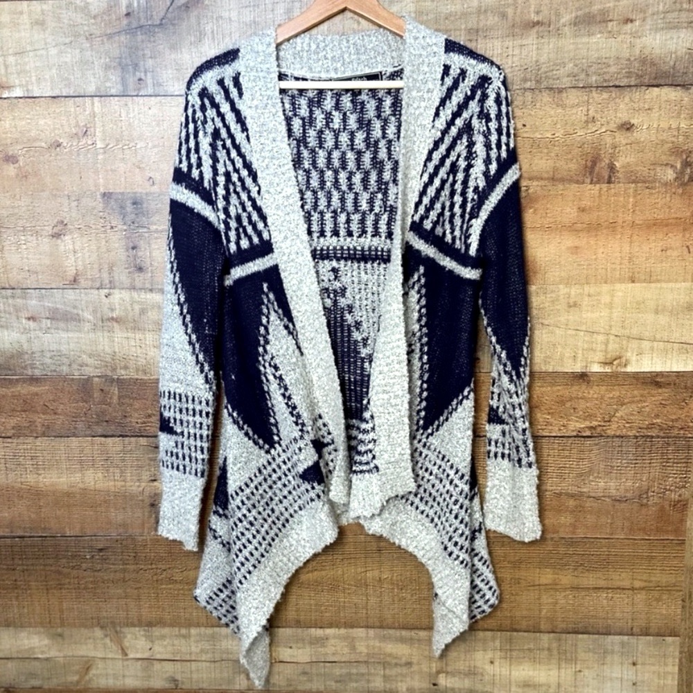 Long Open Cardigan Very Soft Cozy Navy Light Gray